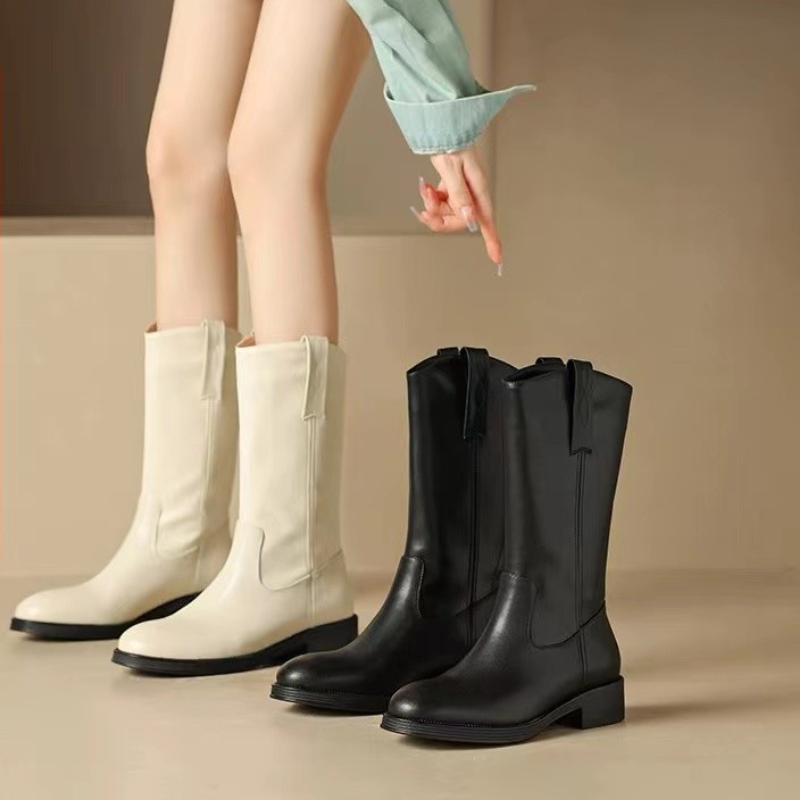 Nové zimní dámské kozačky Módní a všestranné Dámské kozačky s kulatou špičkou Jednobarevná kůže s rukávem na tlustém podpatku