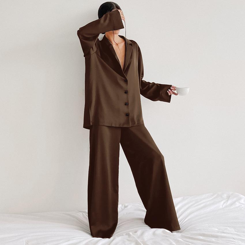 Women's Satin Silk Sleepwear Low Cut Sexy Home Clothes Pajamas Single Breasted Long Sleeves Wide Leg Pants Trouser Set