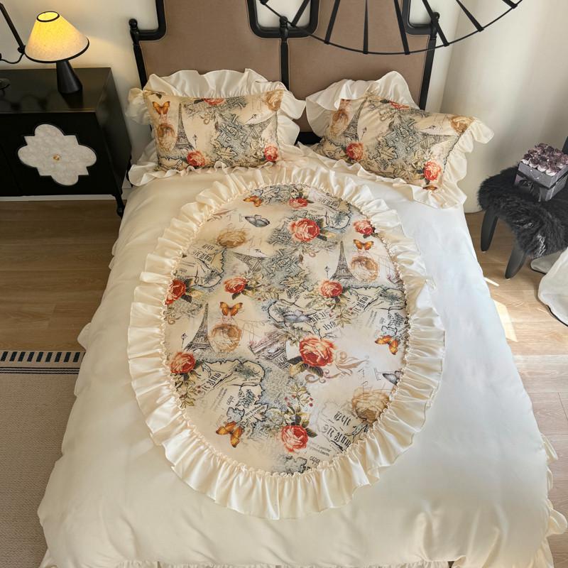

French Style Rose And Tower Print Duvet Cover Set With Ruffled Patchwork Bedding For Girls Cotton Rural Style with 2 Pillowcases Queen 200X230cm 3Pcs