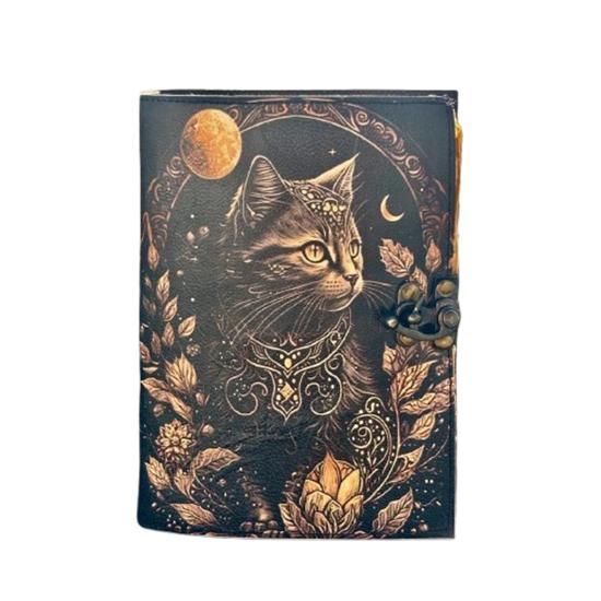 Handmade Black Cat Leather Journal | 5x7" Mystic Notebook | 200 Deckle Edge Pages | Moon & Floral Design Diary with Lock | Vintage Witchy Writing Book