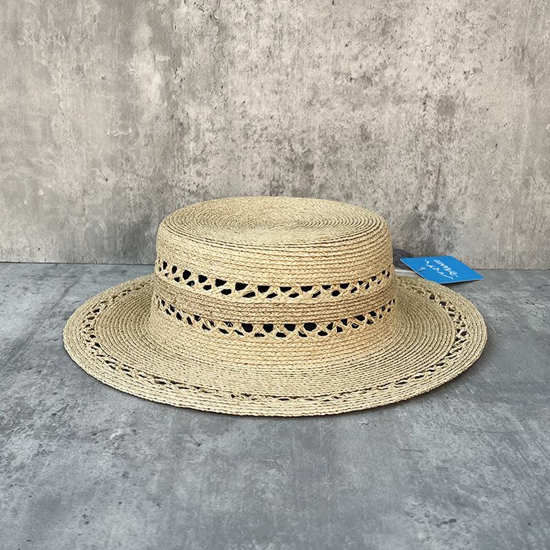 French Sweet Hand-Woven Raffia Flat Top Hat Women'S Summer Sunscreen Hollow Elegant Top Hat