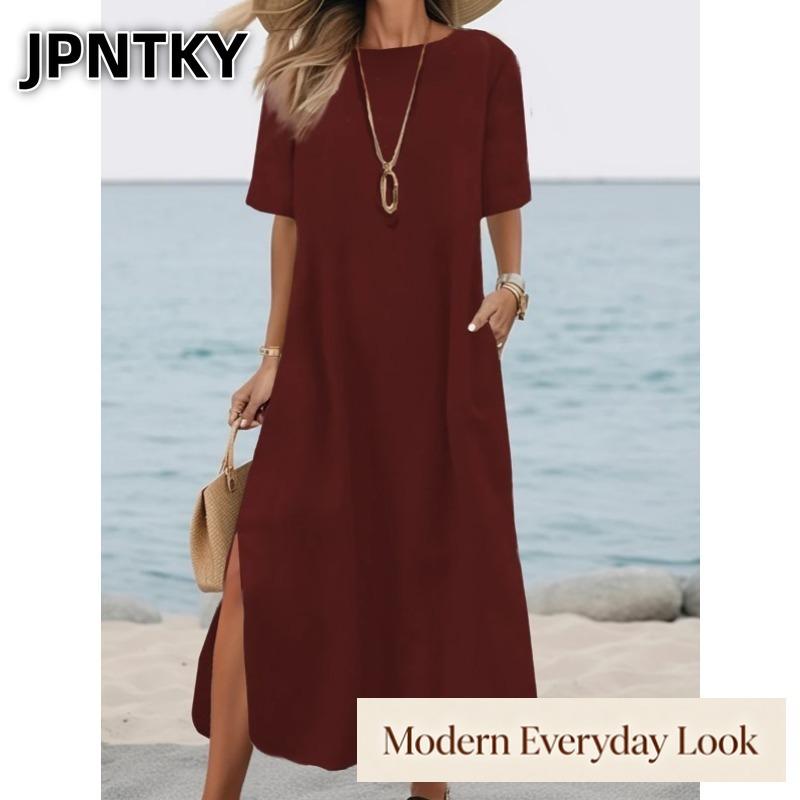 JPNTKY Women's Fashion Summer Spring Solid Color Print O-Neck Short Sleeve Casual Dresses