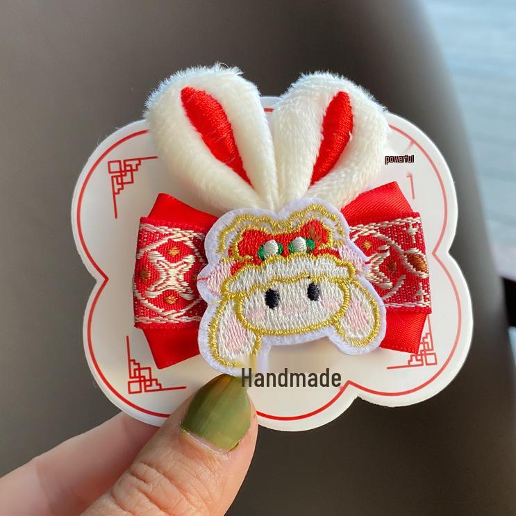 2023 Chinese New Year Embroidered Bow Hair Clip with Rabbit Ears - Red Side Clip for Little Girls
