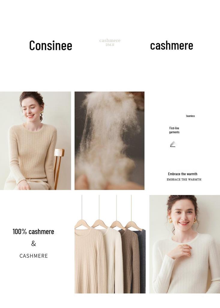 Women's 100% Pure Cashmere Slim Fit Round Neck Sweater, Autumn/Winter Knitted Pullover