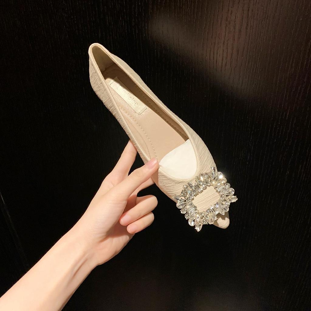 2025 Spring New Small Fragrant Wind French Flash Diamond Pointed Head Light Mouth Fairy Flat Sole Shoes Female 4 Colors