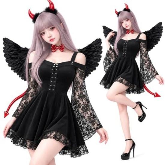 Devil costume 5-piece set little horns tail wings lace dress Halloween outfit adult ladies cute black red.