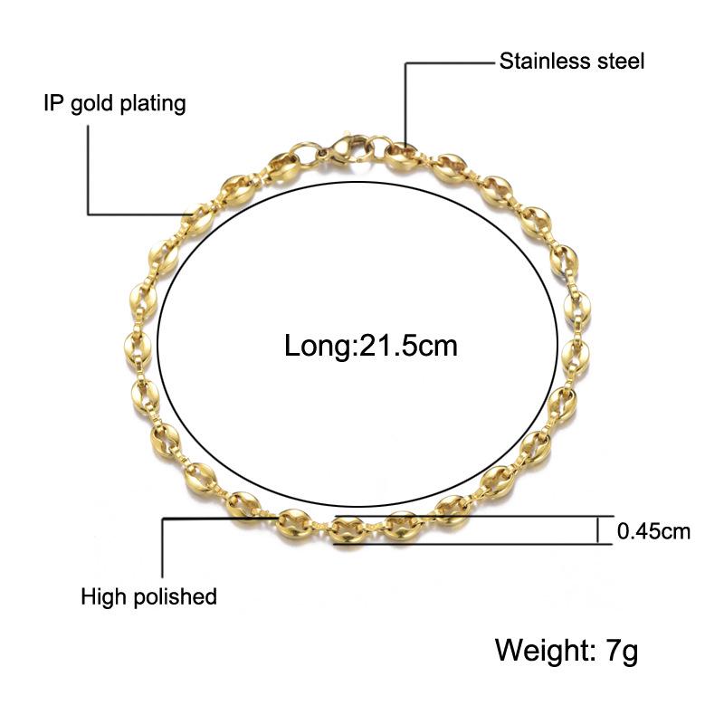 4.5mm Stainless Steel Coffee Bean Bracelet with Button Clasp - European and American Style Jewelry