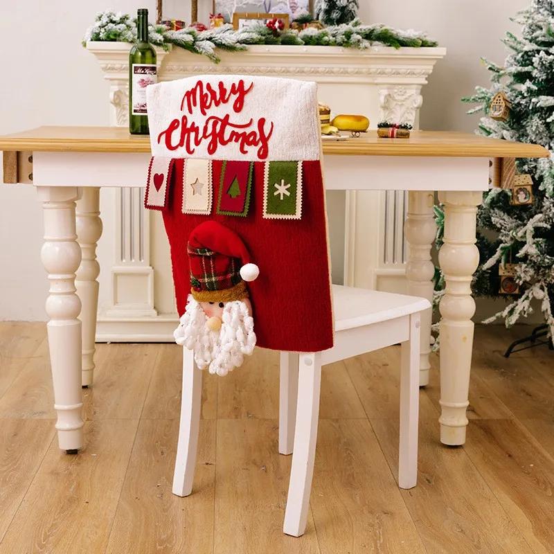 Christmas Chair Cover Reusable 3D Santa Claus Elk Chair Seat Cover Home Xmas New Year Supplies Christmas Decoration