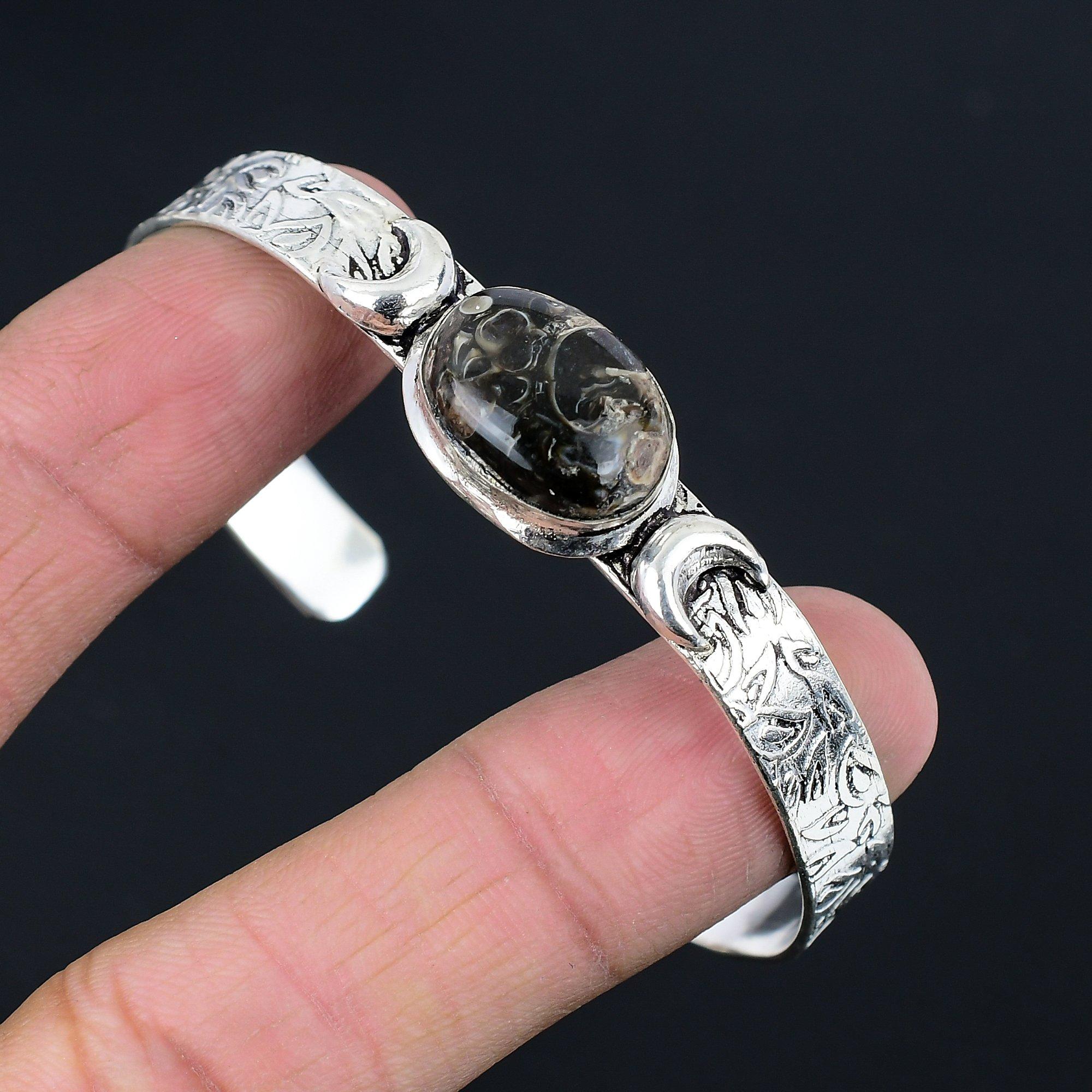 

Halloween Sale Turritella Agate Gemstone Sterling Silver Crescent Moon Bangle Adjustable