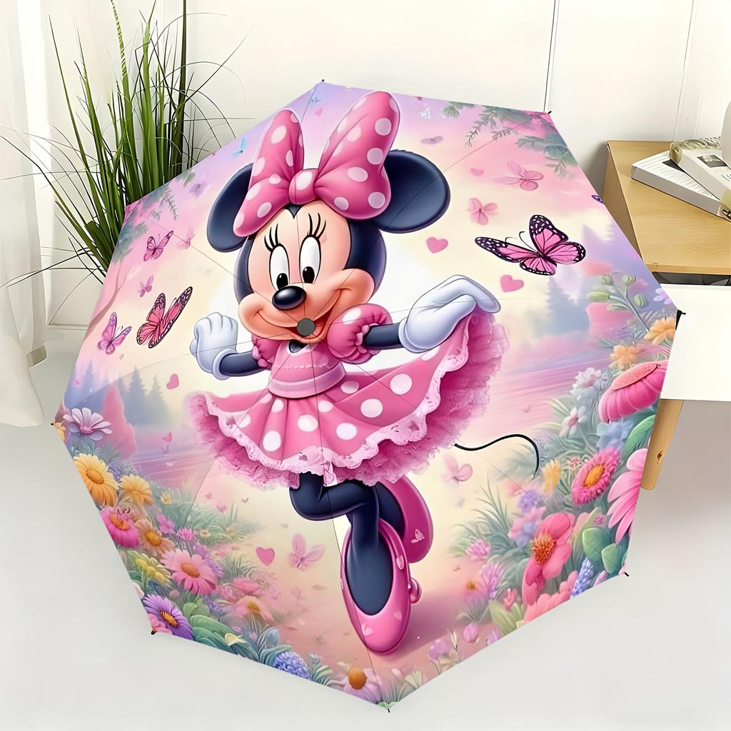 1pc Disney Minnie Mouse Cartoon Character Automatic Umbrella, All-Weather Folding Umbrella Suitable for All Occasions, Portabl