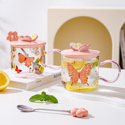 Niedlicher Schmetterling Hochborosilikatglas Tasse Geschenk Hochwertig Rosa Mädchenherz Wasserbecher Becher mit Deckel Löffel