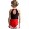 Leotard da ginnastica da bambina con strass scintillanti, senza maniche, schiena con buco, body color block