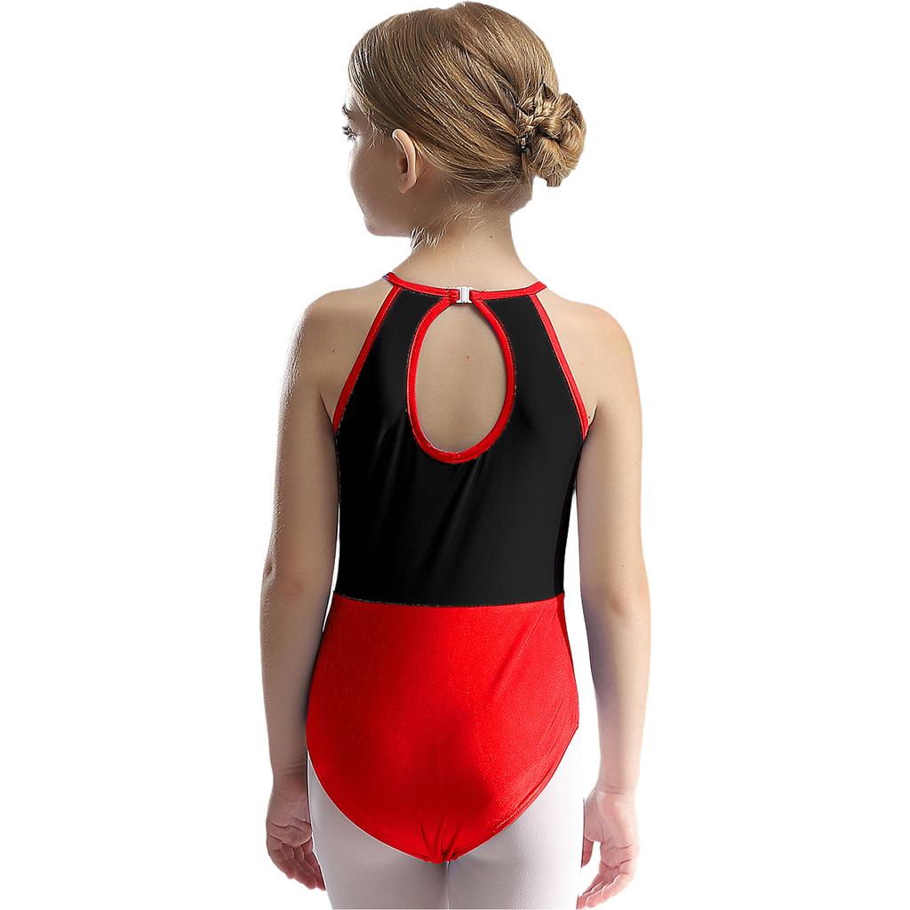 Leotard da ginnastica da bambina con strass scintillanti, senza maniche, schiena con buco, body color block