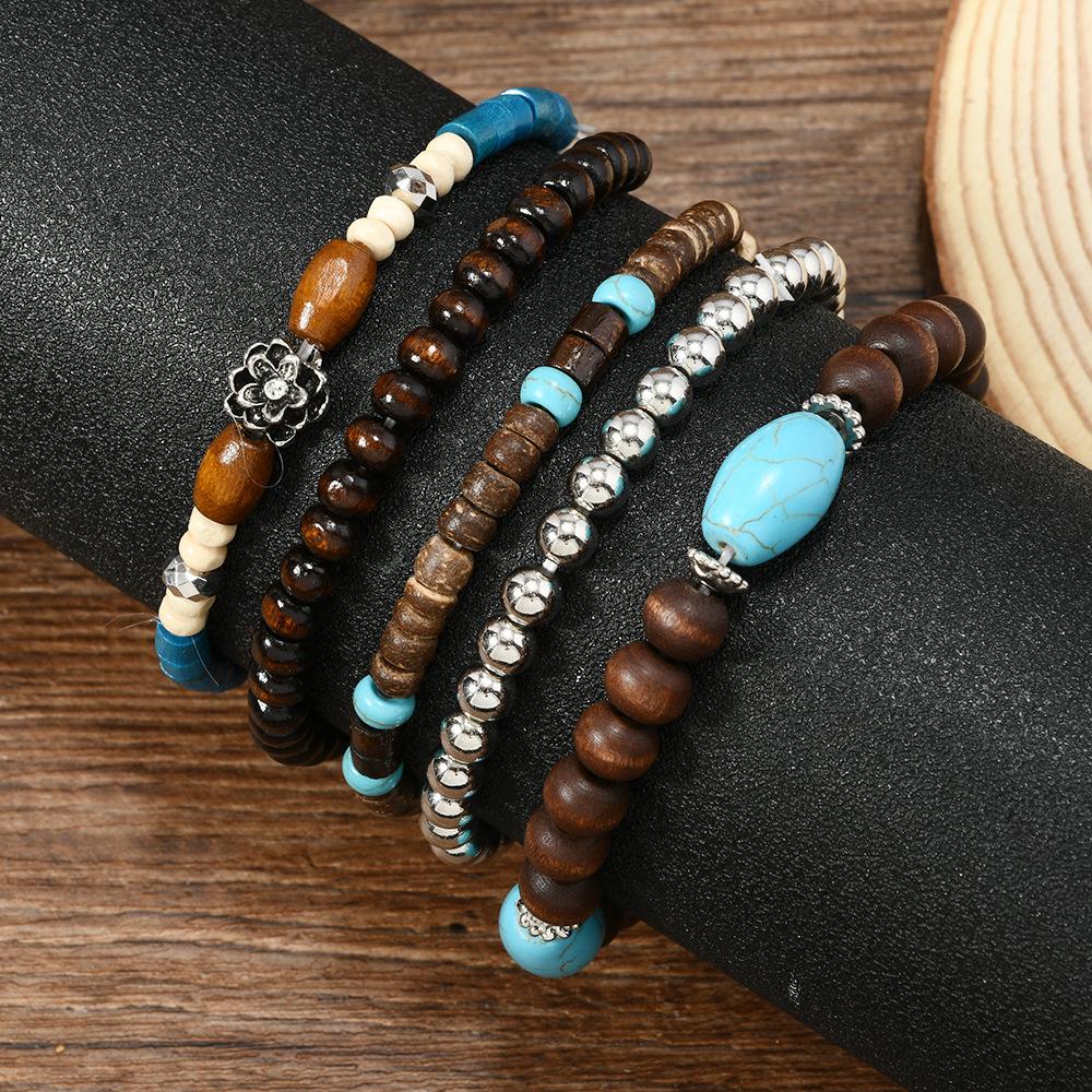 5-Piece Bohemian Wooden Bead and Turquoise Bracelet Set for Men and Women