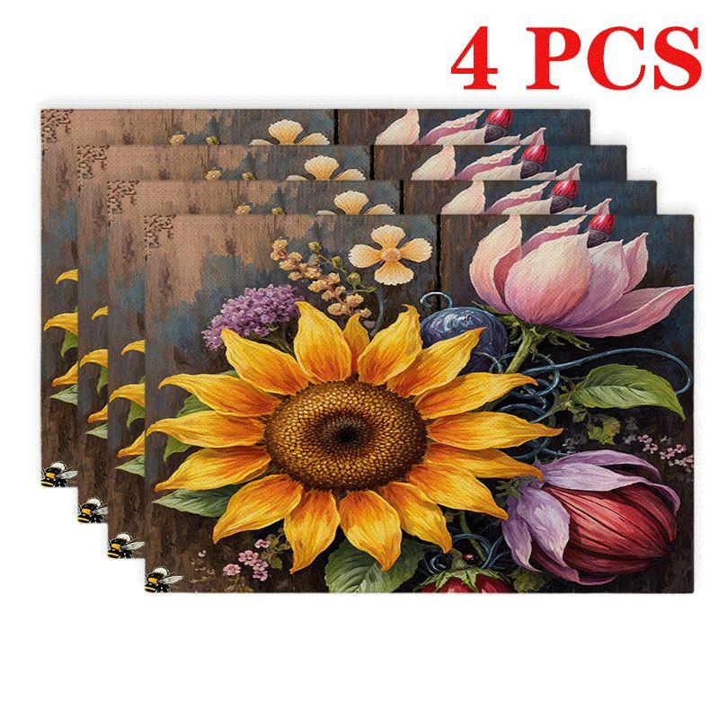 4/6pcs Rectangular Placemats Suitable for Dining Table - Heat-Resistant Sunflower Table Protectors, Hand Washable Polyester Fabric 4pcs
