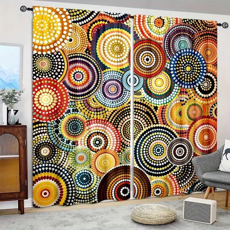 Circular Art Pattern Printed Curtains Window Decorations Home Room Curtain Set Of 2 Made Polyester Washable