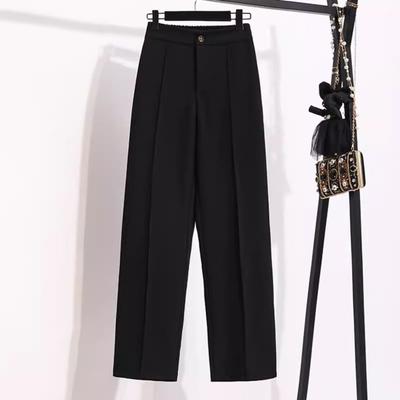 Women Suit Pants Elastic High Waist Button Zipper Fly Long Pants Solid Color Straight Wide Leg Office Lady Dress Pants Workwear