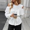 Womens Cold Shoulder Ruffle Trim Blouse Tie Waist Curved Hem Long Sleeve Shirts Casual Slim Fit Crew Neck Solid Tops