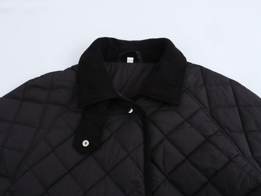 2024 Autumn Women's European & American Style High Neck Diamond Pattern Short Cotton Jacket