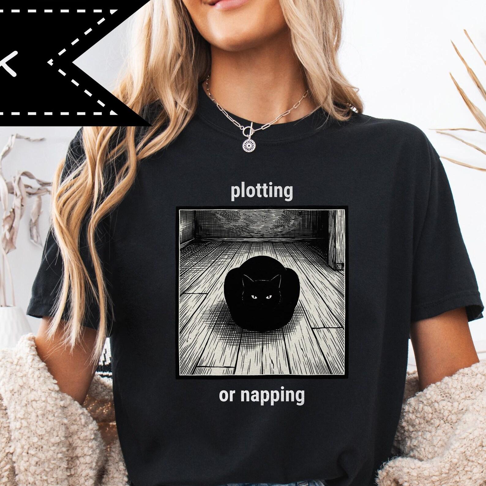 Plotting or Napping Black Cat Tee, Cat Lover Gift, Neurodivergent Joke Shirt XL