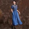 Johnature Vintage Embroidery Lapel Cowboy Dress Summer Autumn Women Fashion Single Breasted Short Sleeves Dress