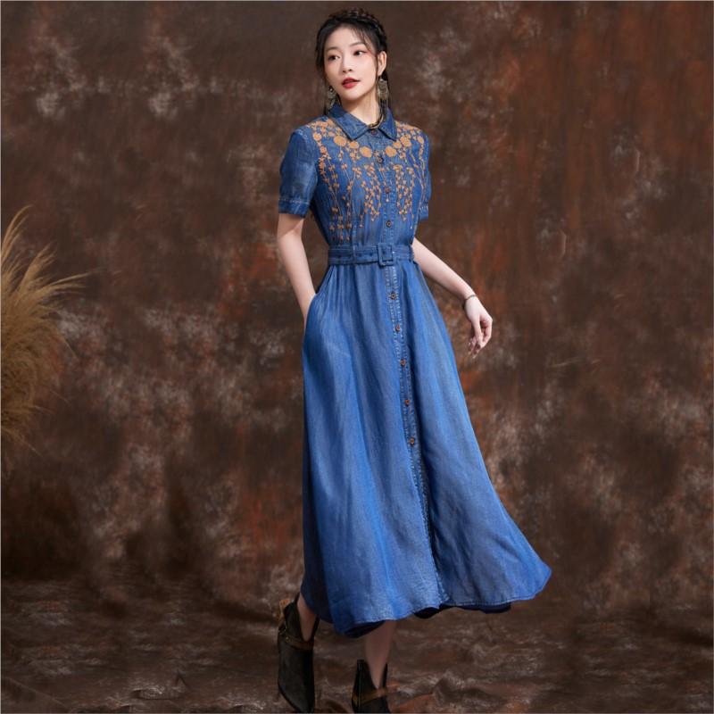 Johnature Vintage Embroidery Lapel Cowboy Dress Summer Autumn Women Fashion Single Breasted Short Sleeves Dress
