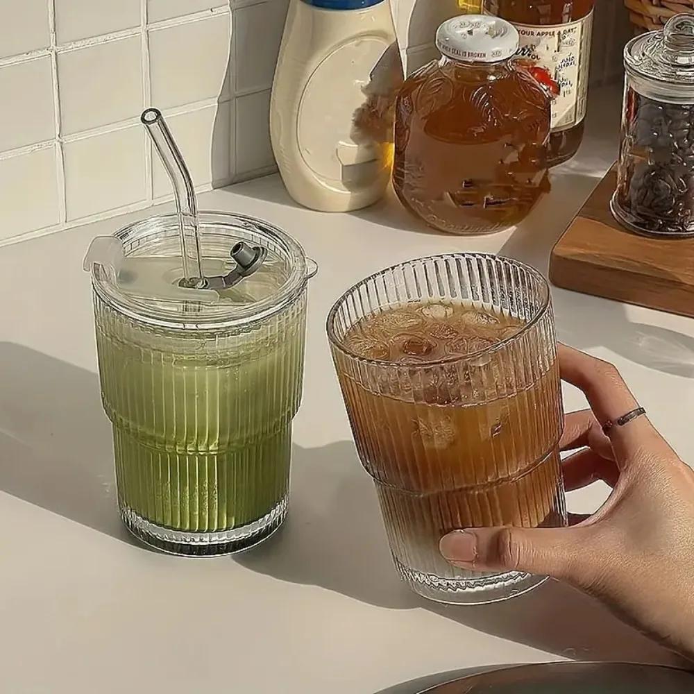 1/2PCS Stripe Glass Cup Vertical Stripes Water Cup S with Lid and Straw Iced Coffee Cups Drinking Glasses for Juice, Milk, Tea