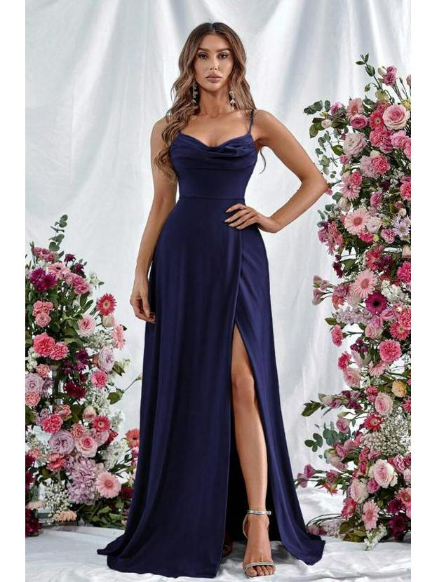 European Spring 2026 Strappy Off-Shoulder Sleeveless Slit Solid Color Elegant Women's Dress