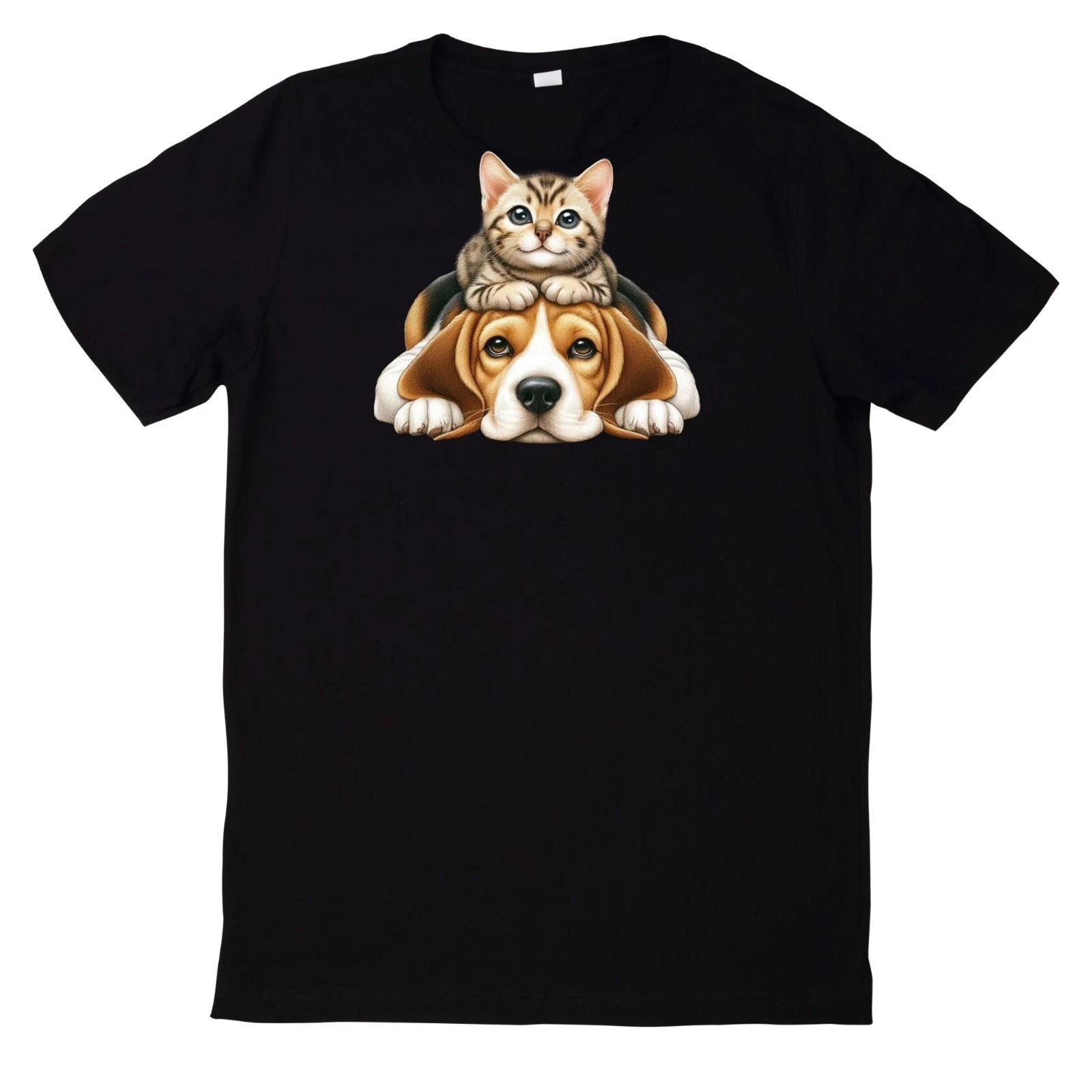 T-Shirt Lustiges Beste Freunde Katze und Hund Motiv L