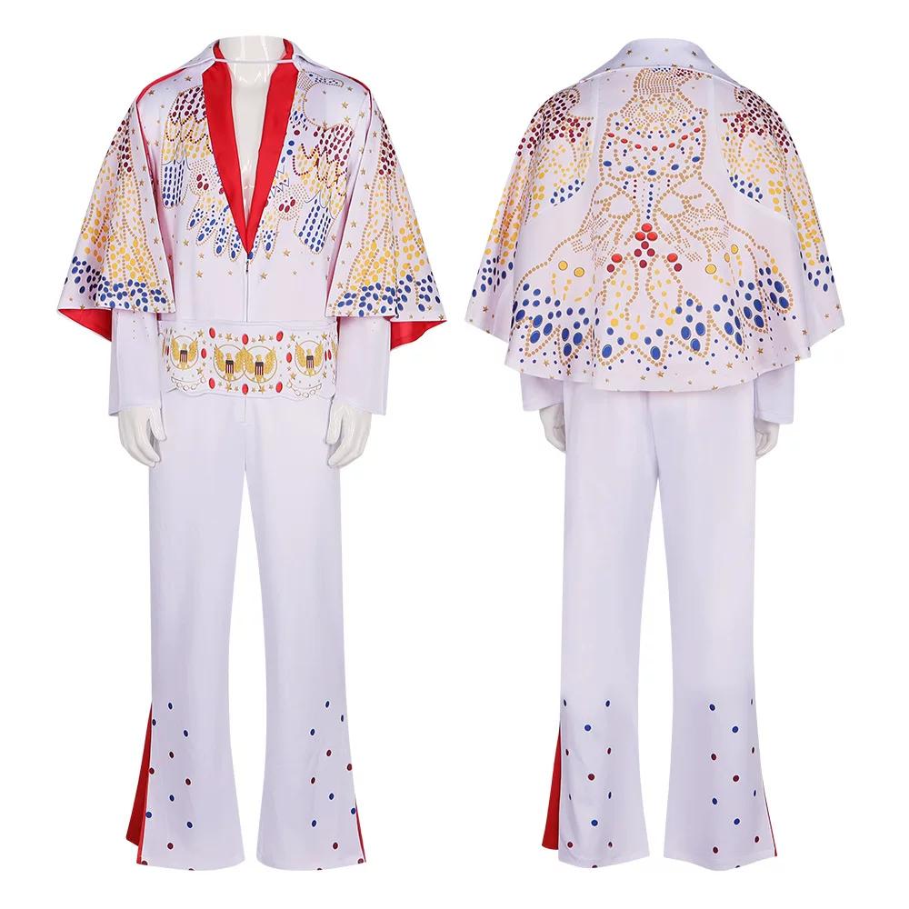 Movie Presley Cosplay Costume Diamond Rock Singer Cosplay Adult Children White Printed Jumpsuit Suits Halloween Costume