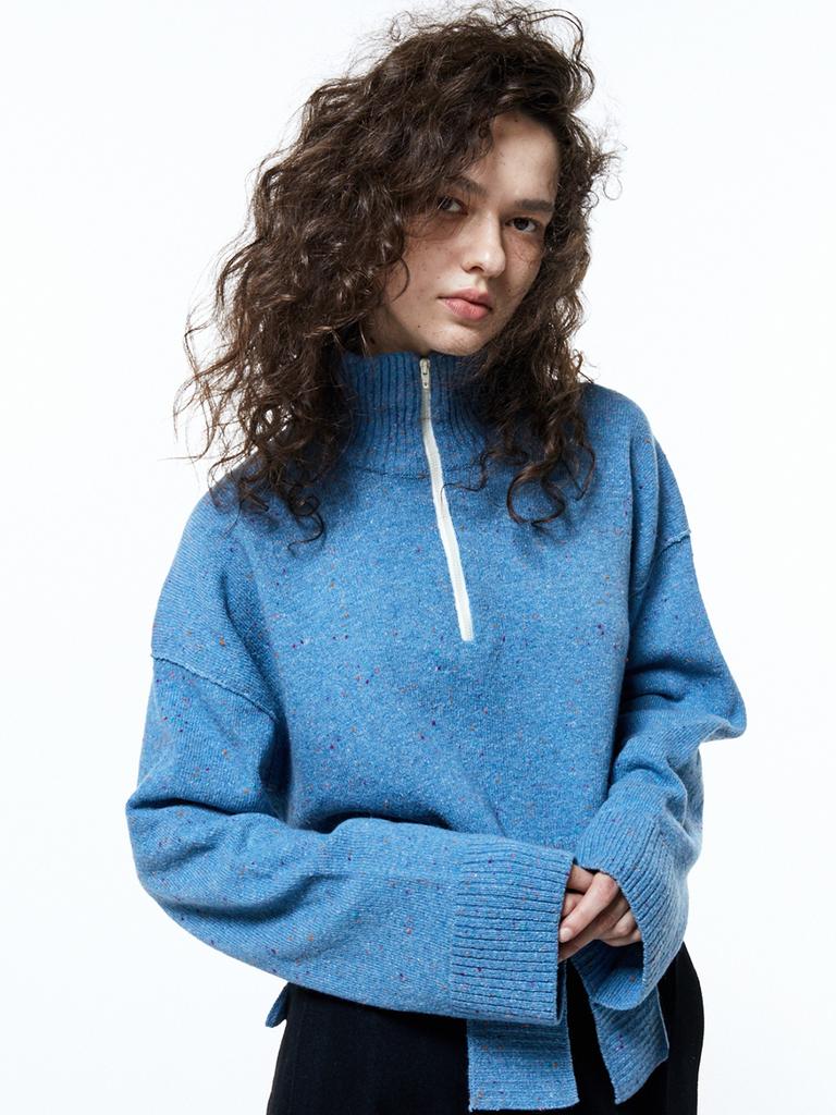 HAUS072C Half Zip-Up Crop Knit Blue