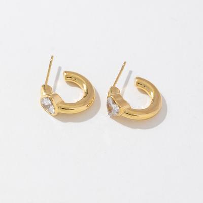Minimalist Romantic 18K Gold Plated Stainless Steel Hoop Earrings with Trendy Cubic Zirconia Heart Stone