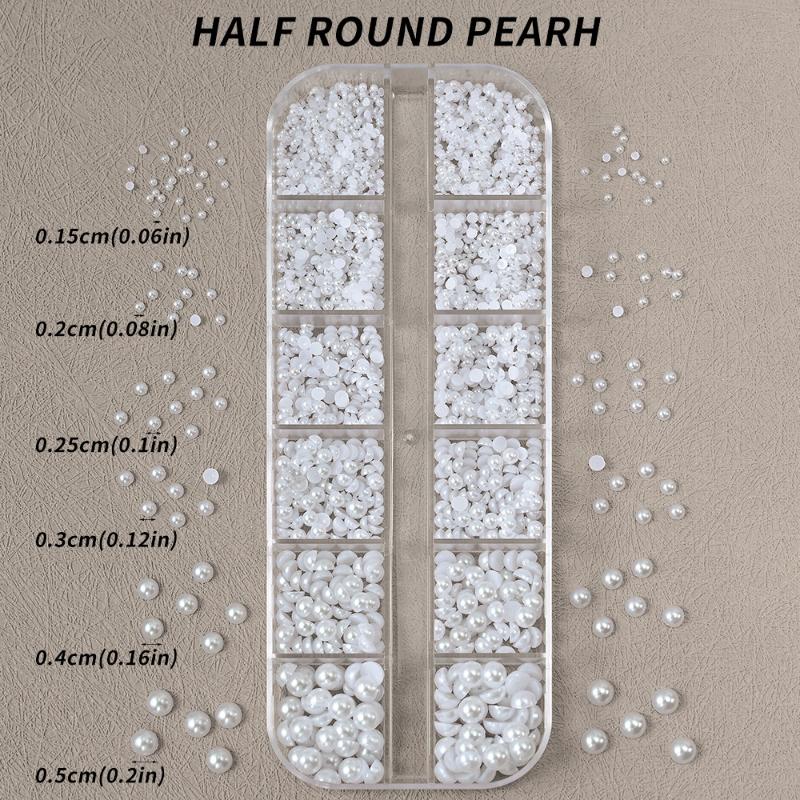 12 Fächer Halbrunde Perlen Perlen 3D Nagelanhänger 1,5/2/2,5/3/4/5 mm Weiße Flachrückige Perlen Nagel Schmuck Nagel Handwerk Perlen Strassstein