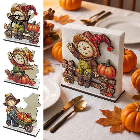 Wooden Autumn Table Accents Fall Scarecrow Napkin Holder, Harvest Pumpkin Thanksgiving Dinner Accessories Dispenser, Farmhouse Tabletop Decor for Home