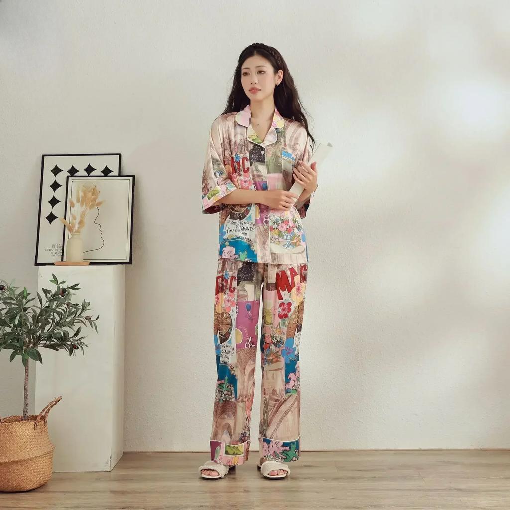 Neue französische Damen-Nachtwäsche Eis-Seide bedrucktes Mittelarm-Set mit hochwertigem Gefühl, Ins-Stil Revers Hausanzug Set Pyjama