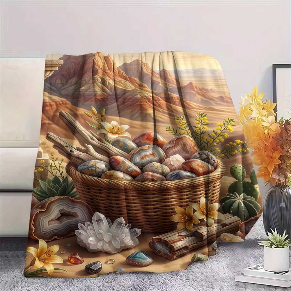 1PC Desert Mountain Print FlAannel Blanket, High Quality Comfortable for All Seasons, Home Decor, Warmth and Comfort