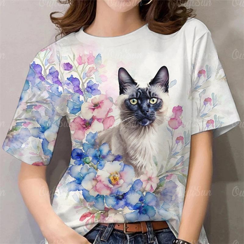 

Women s Fashion Cute Cat Printed Summer New Short Sleeve Casual Pullovers Streetwear 3XL