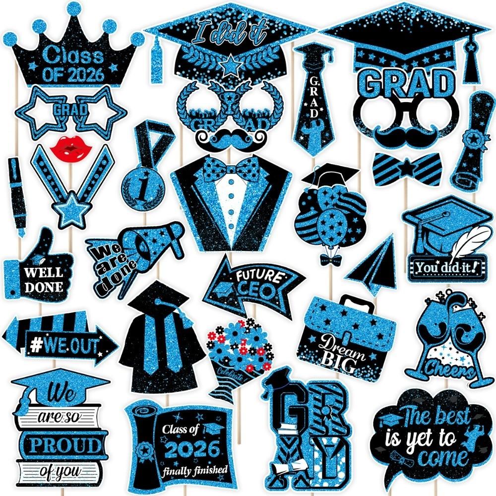 30Pcs/Set Black Golden 2026 Graduation Photo Booth Props With Sticks Pose Sign 2026 Graduation Decorations DIY Dress Up