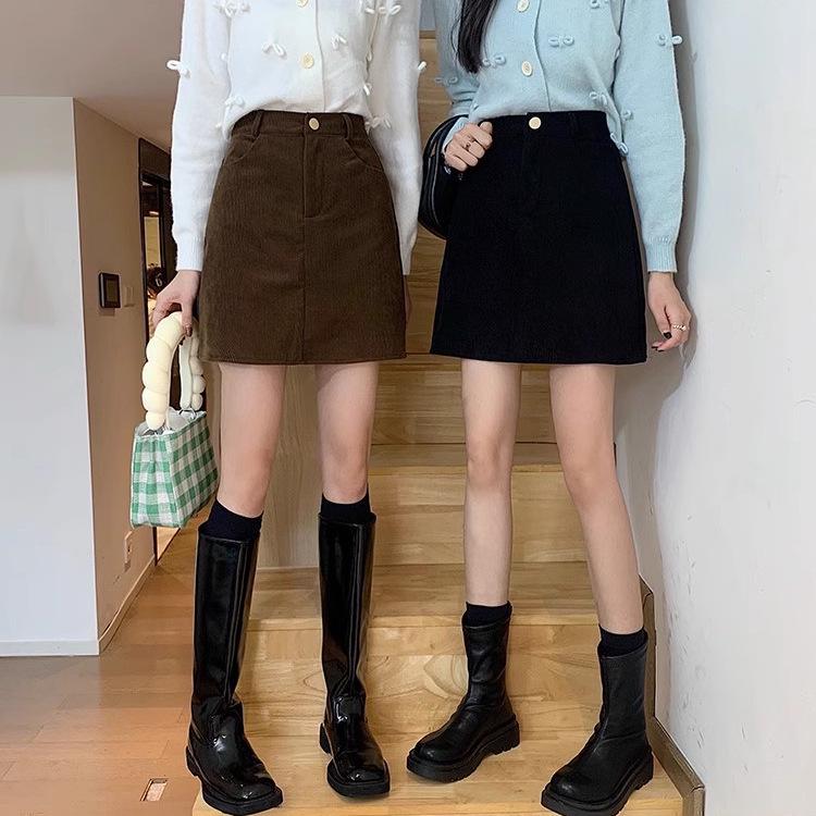 

2024 Autumn/Winter Plus Size Corduroy High-Waist A-Line Midi Skirt, Black Bodycon, Anti-Exposure Small кавовий