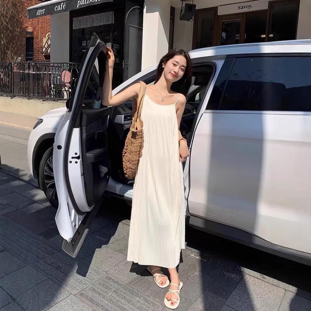 Women's Pleated Camisole Dress: Versatile, Slimming, Solid Color, Long Style