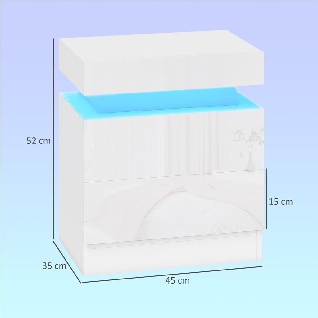 White Bedside Table with LED Light, High Gloss Front Nightstand with 2 Drawers, for Living Room, Bedroom, Set of 2