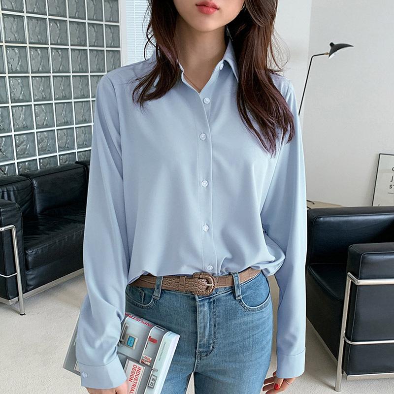 Retro Minimalist Solid Color Long Sleeved Shirt for Women In Spring Autumn Professional Polo Collar Loose Versatile Shirt Blouses & Shirts