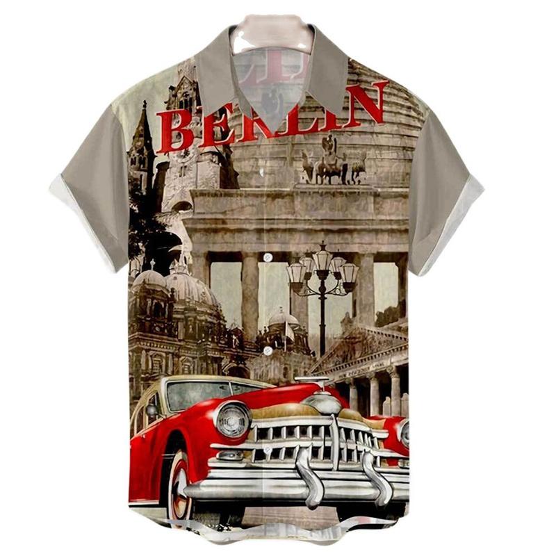 Men Clothing Hawaiian Vacation Beach Shirt Lapel Blouse Summer Casual Clothes Tops Chemise