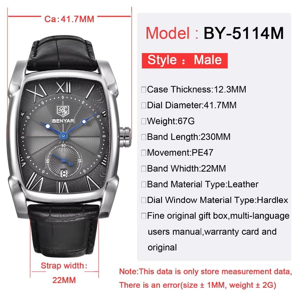 BENYAR BY-5114 Men's Chronograph Quartz Watch Fashion Casual 30M Waterproof Leather Strap Sport Rectangle Wristwatch For Man