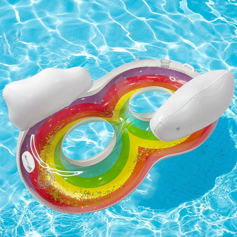 1pc Rainbow Sequin Swimming Seat Ring PVC Single Double Person Seat Circle With Backrest Water Lounge Chair Swim Ring