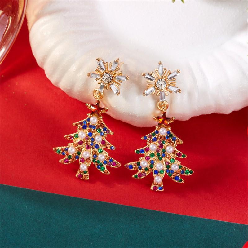 Colorful Rhinestone Snowflake Christmas Tree Earrings: Fashionable and Versatile Winter Jewelry for Women