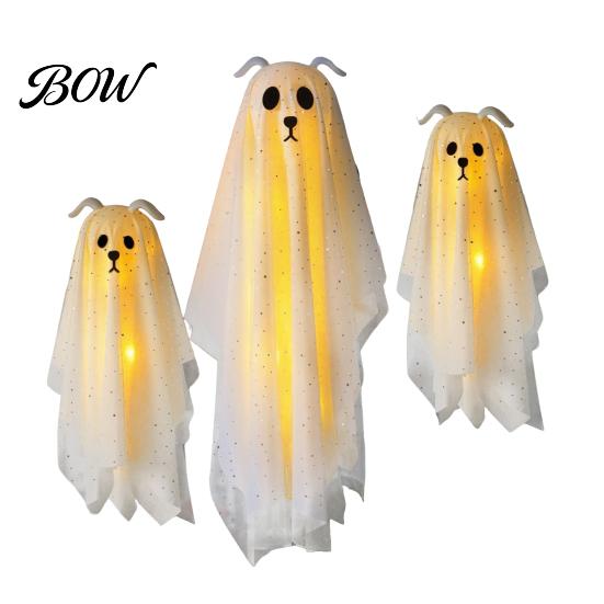 Spooky Atmosphere Home Accents 3 Pcs Lighted Dog Ghost Hanging Ornaments, Halloween Outdoor Flying Haunted House Party Supplies Gauze with LED