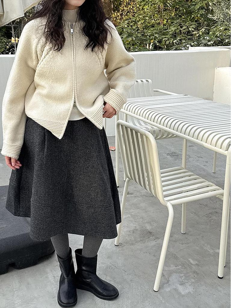 Lu Xi Women's Korean Semi-Elastic Wool A-Line High-Waisted Umbrella Skirt - Autumn/Winter Bud Shape