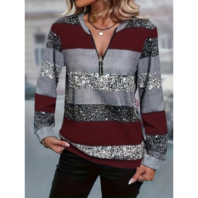 Women's casual striped zipper detail pullover, perfect for spring, summer and autumn