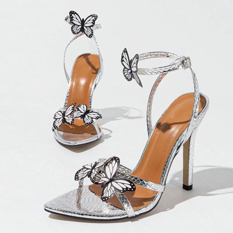 Silver Butterfly-knot Ankle Strap Woman Sandals Elegant Pointed Toe Women Thin High Heels 2025 Sexy Wedding Party Women Pumps